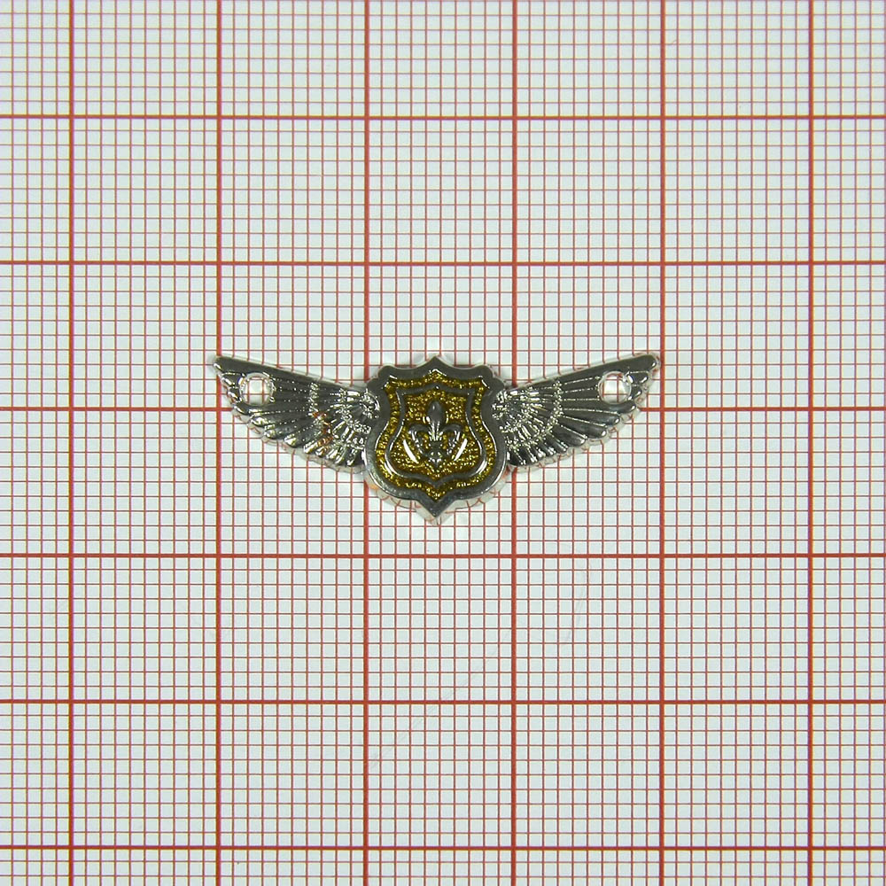 Лейба металл Герб с лилией и крыльями 30*11мм пришивная, NIKEL, желтый клей. Лейба Металл