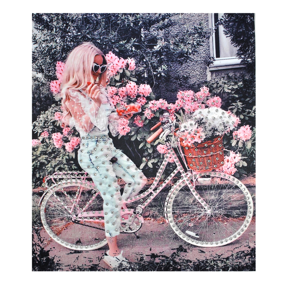 Аппликация тканевая пришивная со стразами Девушка на велосипеде, 23*20см,  белый, розовый, черный, голубой, шт. Аппликации Пришивные Ткань, Органза
