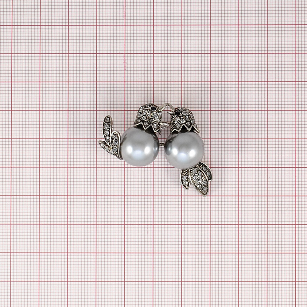 Брошь металлическая со стразами Пара птиц с жемчугом, old silver, black diamond, серый, шт. Броши