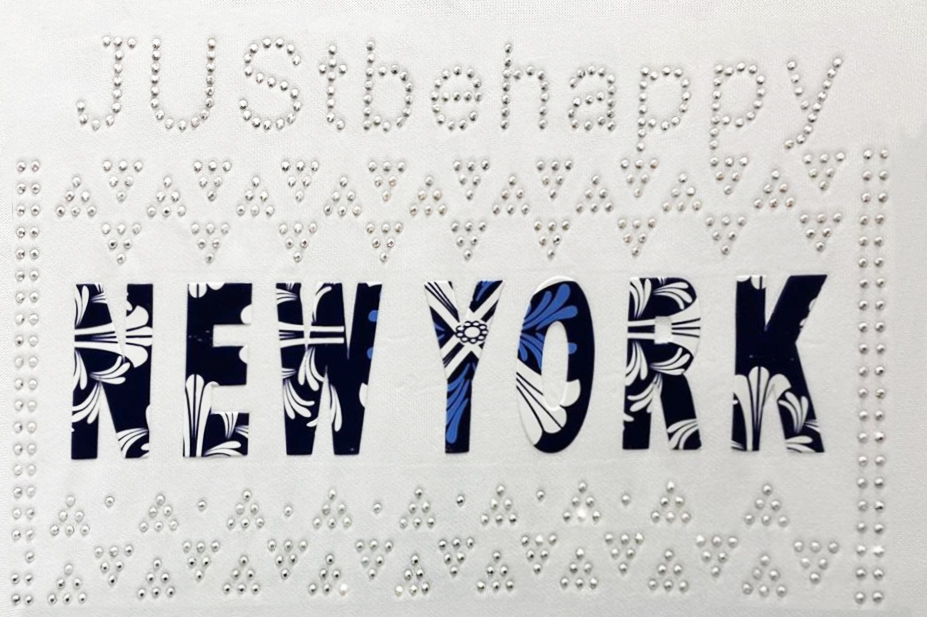 Термоаппликация стразы металл NEW YORK Just Be Happy, 13*21см, черный, белый, синий, шт. Аппликации клеевые Рисунки из страз