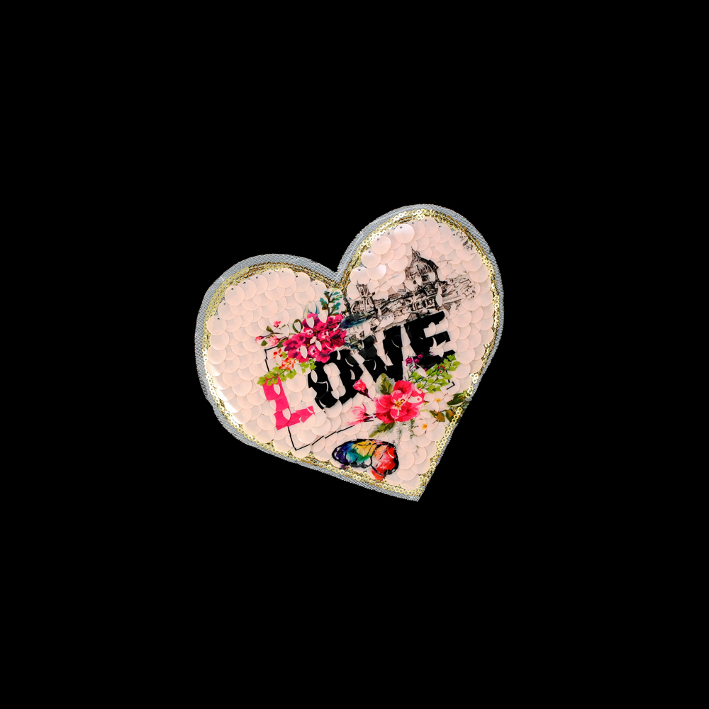 Аппликация пришивная пайетки Сердце LOVE 17*16см розовый, красный, зеленый, черный, шт. Аппликации Пришивные Пайетки