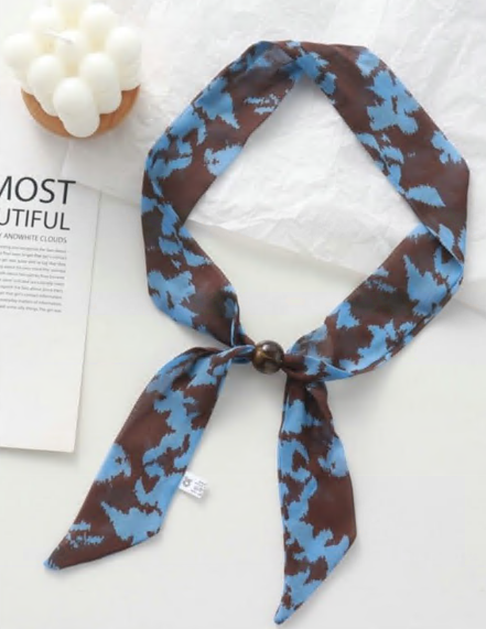 Шарф-галстук тканевый с цветочным принтом, 42*4,5см, коричневый, голубой, бусина, шт. Украшения