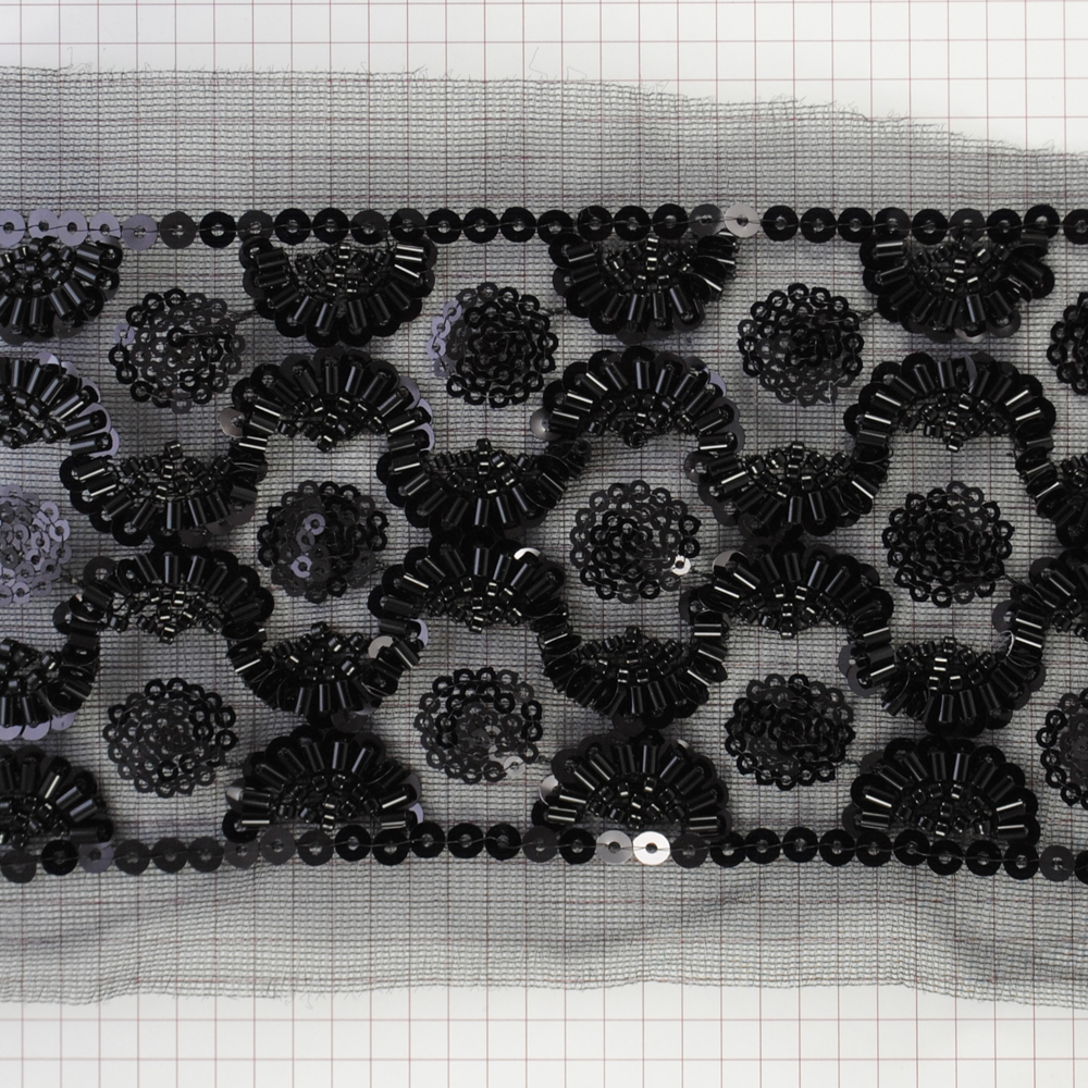 Тесьма на сетке 8,5см черный бисер, Z1693. Тесьма