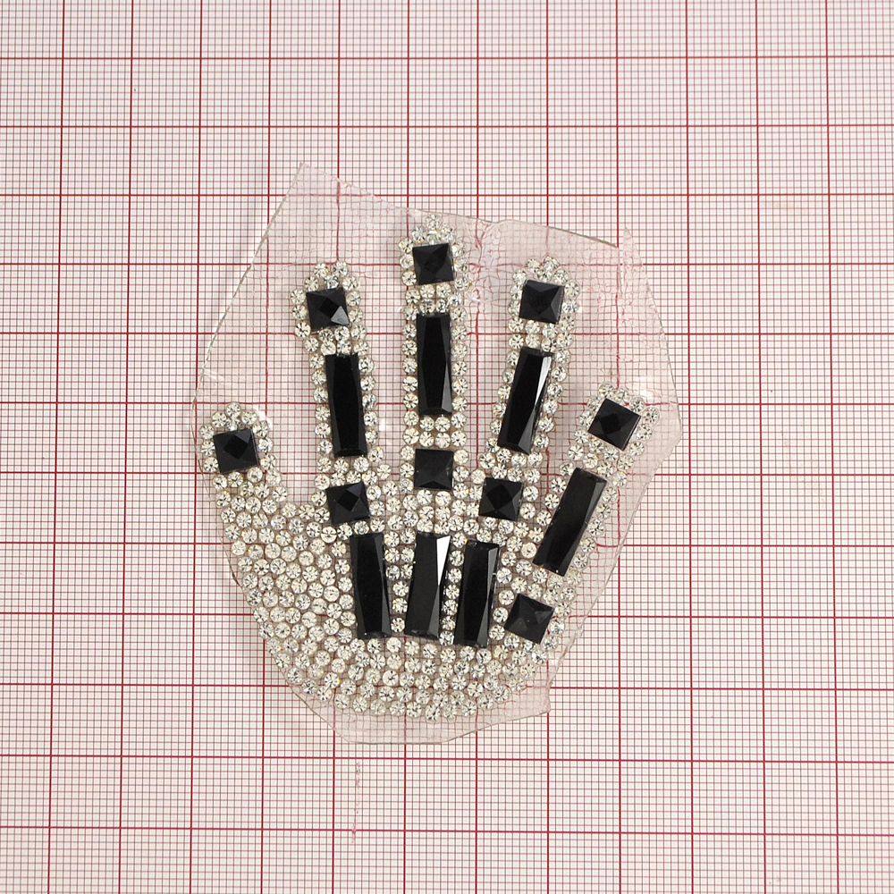 Аппликация клеевая стразы Рука правая 66*75мм черный прямоугольник 15*5мм, черный квадрат 6мм, белый 2мм, шт. Аппликации клеевые Стразы комб.