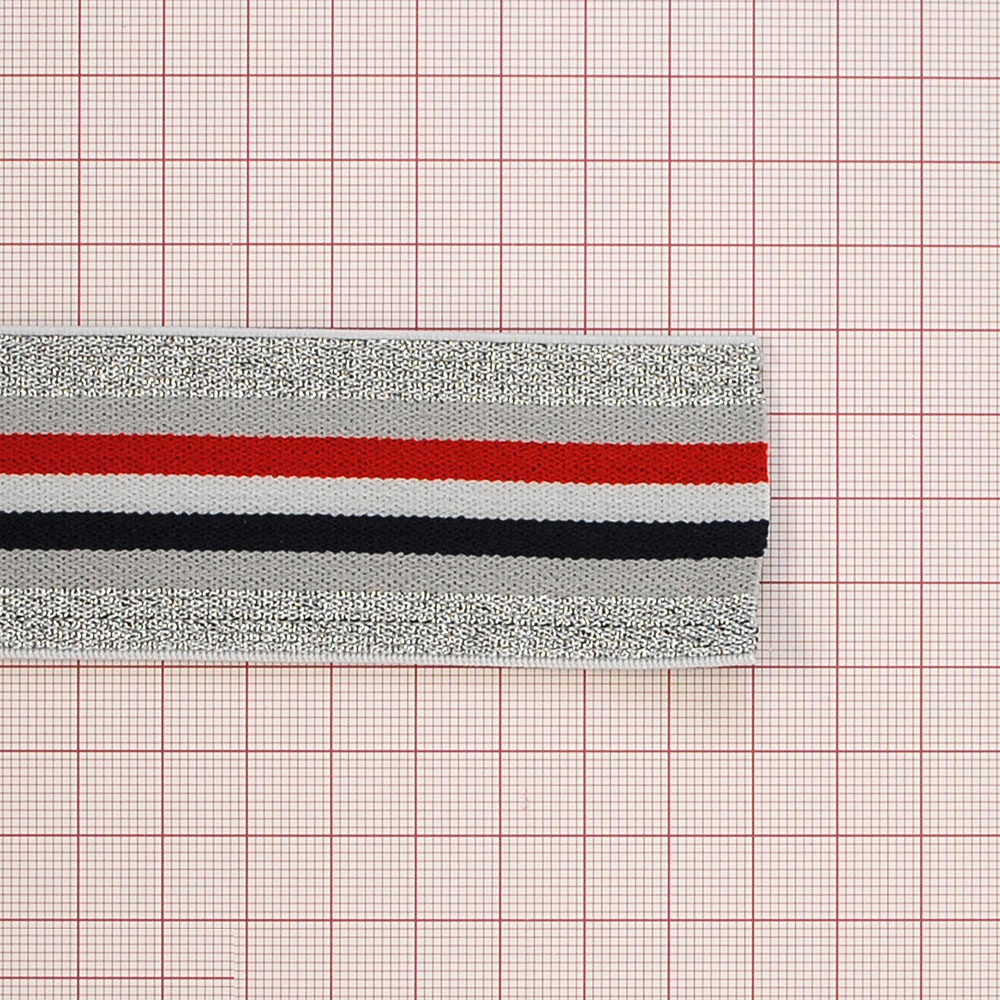 Резинка люрекс Полосы 4см, темно-синий, белый, красный, серый и серебряный люрекс, 50ярд. Резинка