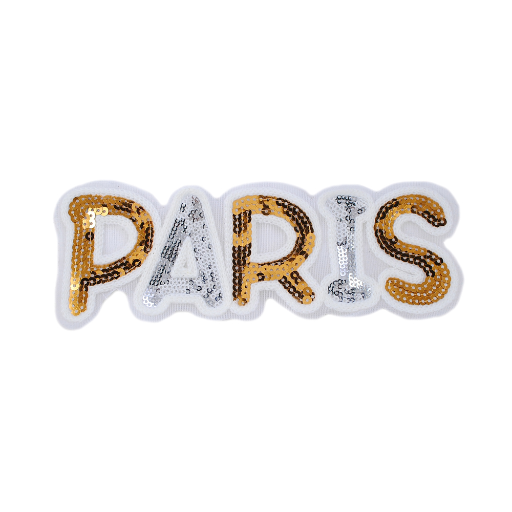 Аппликация тканевая пришивная фигурная, пайетки, PARIS 21,5*7см, белый, серебро, золото, шт. Аппликации Пришивные Пайетки