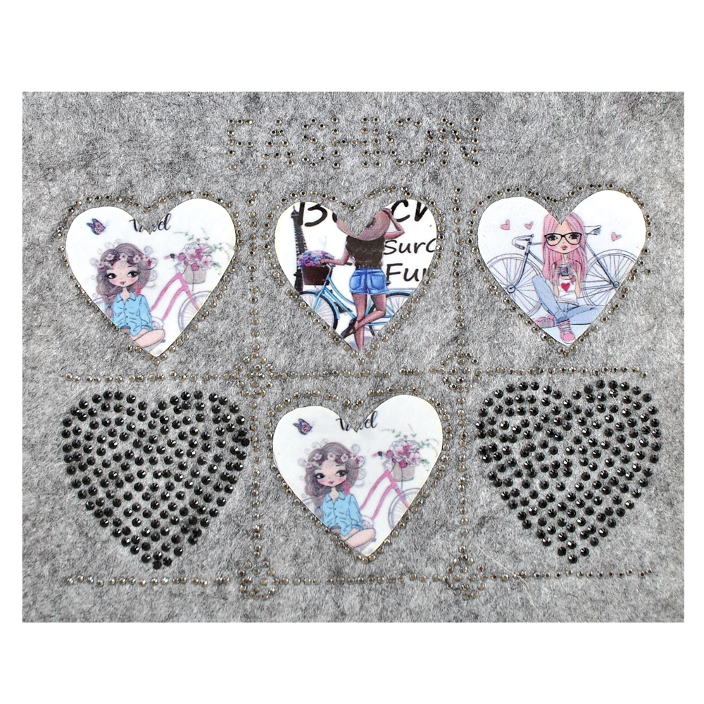 Термоаппликация стразы металл Fashion Сердца с девочками, 17*14см, коричневый, бежевый, черный, никель, шт. Аппликации клеевые Рисунки из страз