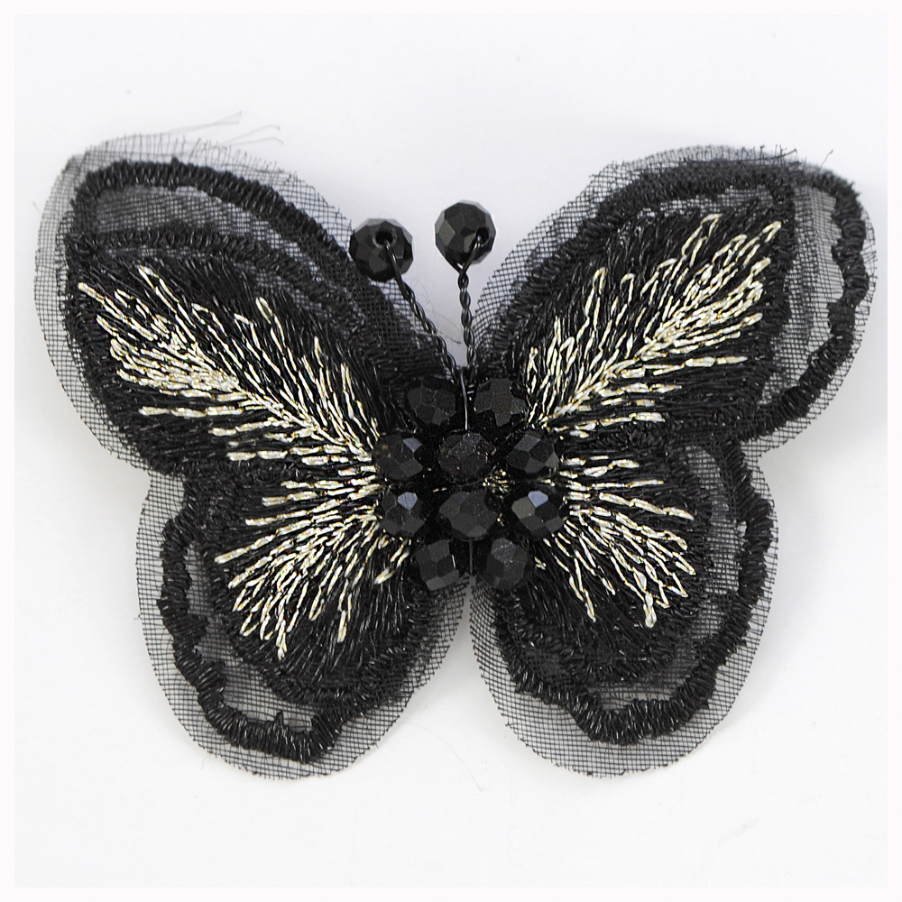 Аппл. выш. бабочка с бисером, 4*5,5см, черн., зол.люрекс, шт.. Аппликации Пришивные Кружевные Вязаные