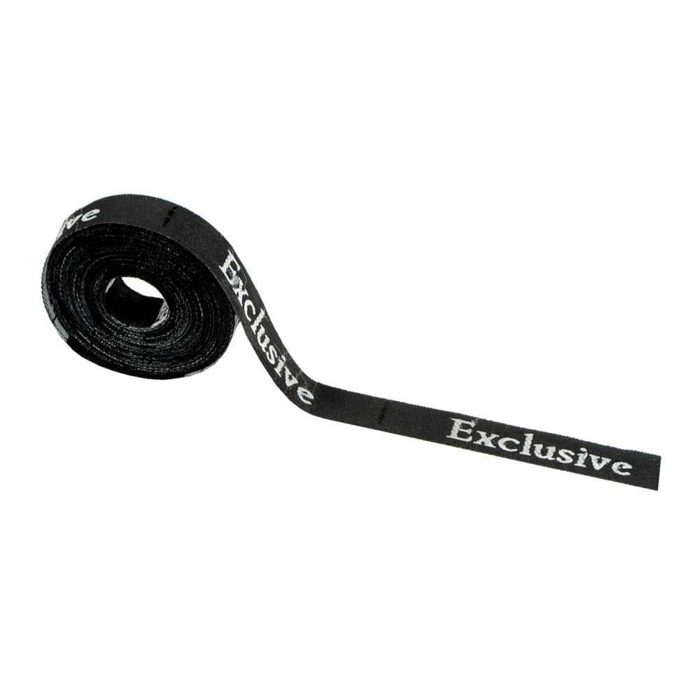 Этикетка тканевая вышитая Exclusive №6, 7,2*1,0см черно-белая /tafta/. Вышивка / этикетка тканевая
