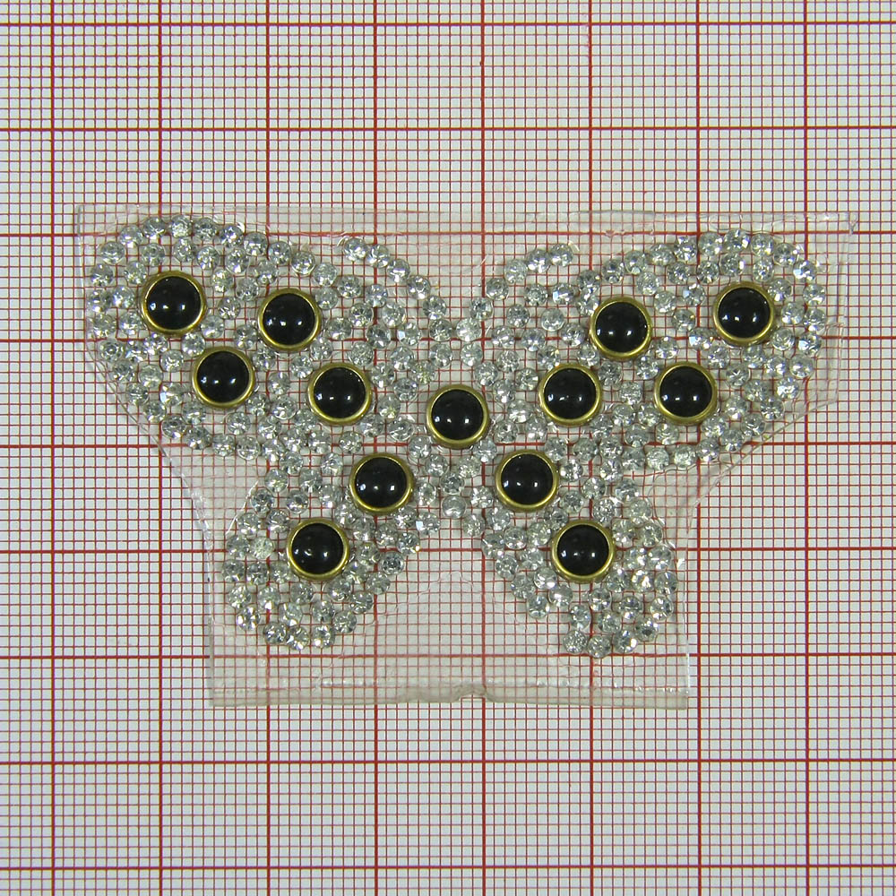 Аппликация клеевая стразы Бабочка 69*40мм черный жемчуг в золоте 6мм, белый 2мм, шт. Аппликации клеевые Стразы комб.