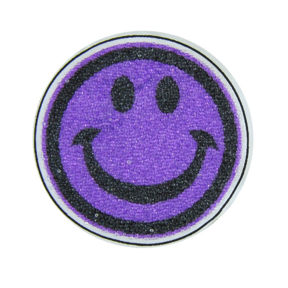 Нашивка тканевая бисер пришивная Смайл 8,2см сиреневый. Нашивка Стразы, Бисер