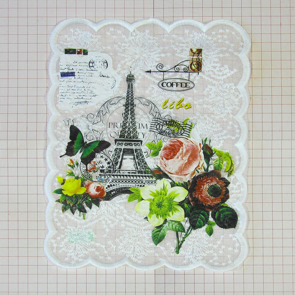 Аппликация пришивная Кружево Париж Башня Розы 20*28см, кружевная, белая, цветной рисунок, шт. Аппликации Пришивные Постер