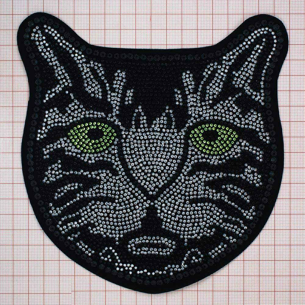 Аппликация пришивная стразы Чеширский Кот 19*19см черный, белые и зеленые камни, шт. Аппликации Пришивные Стразы, Бисер, Металл