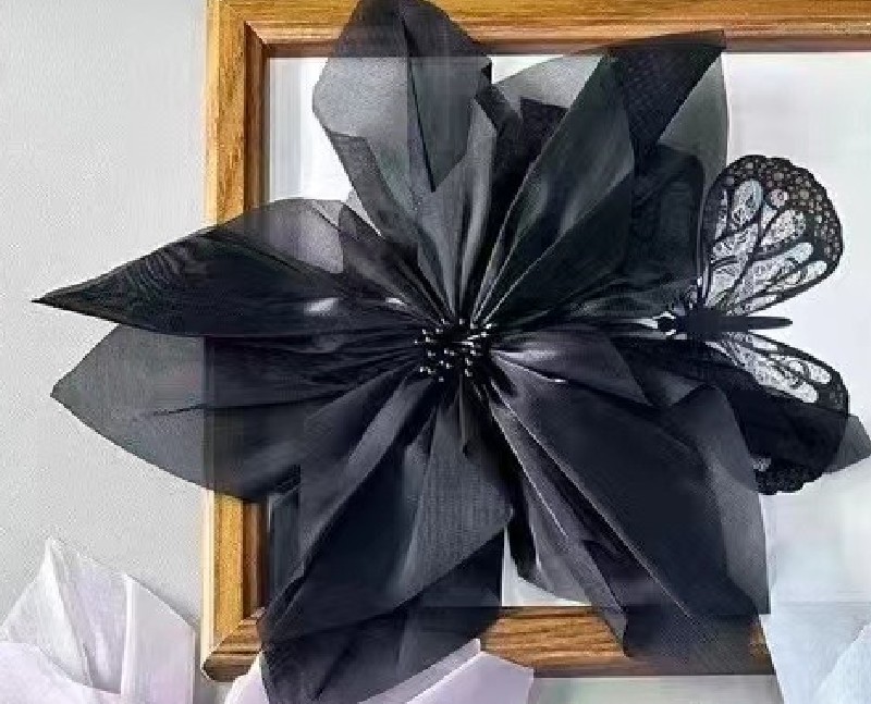 Аппликация тканевая пришивная Цветок 28см, атлас и бисер, черный, шт. Аппликации Пришивные Цветы Банты