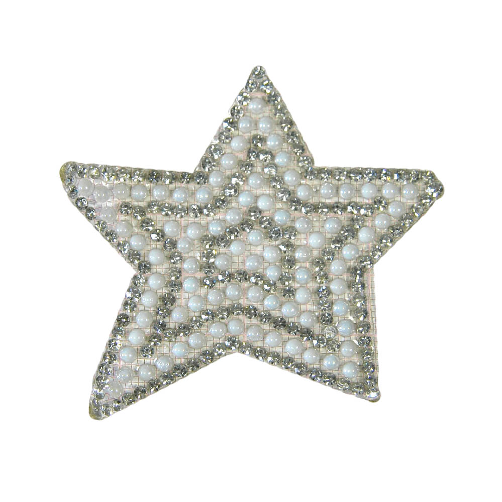 Аппликация клеевая стразы Звезда ассиметричная 60*75мм белый жемчуг 2,2мм, белые камни 2мм, шт. Аппликации клеевые Стразы