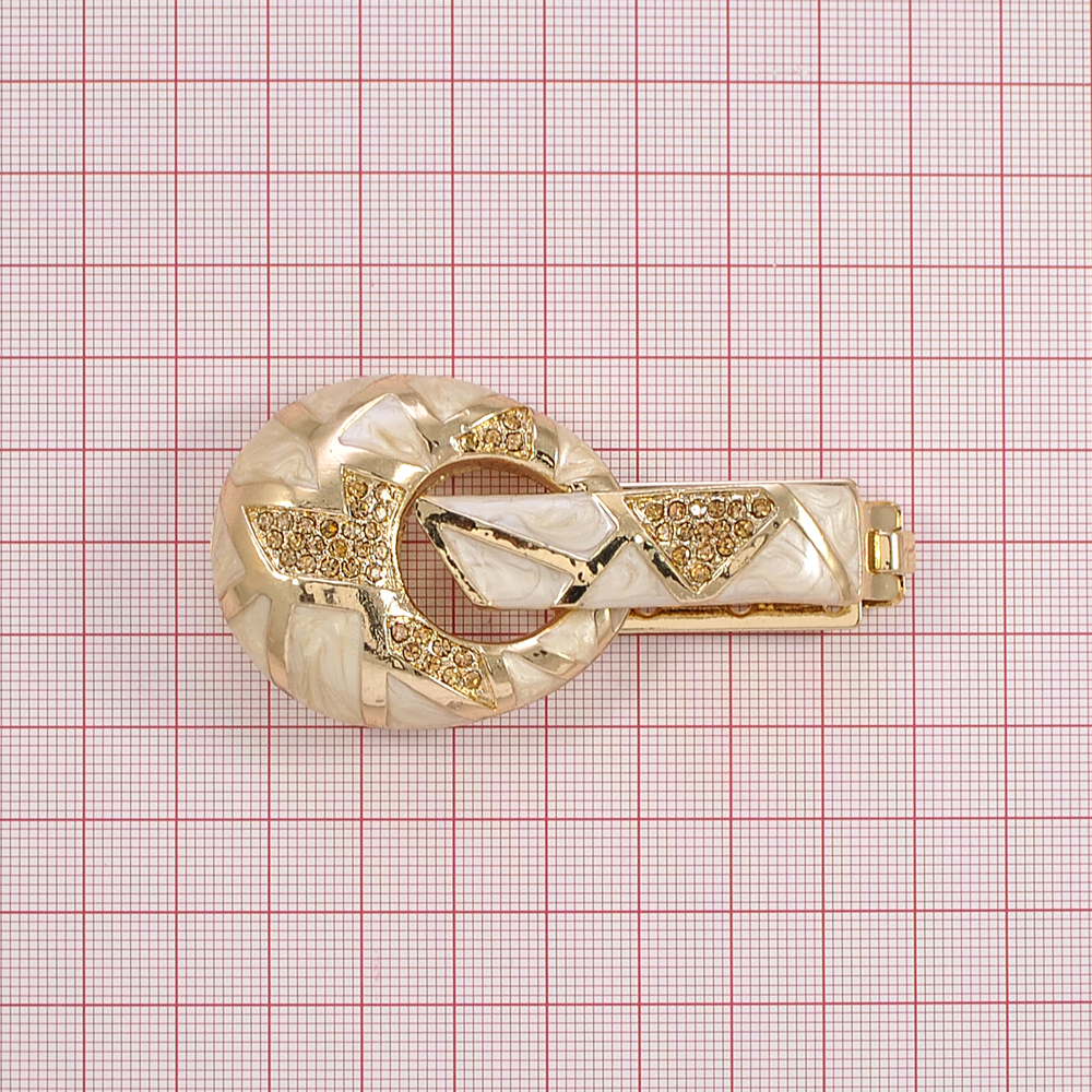 Клипса шубная MJ-016 GOLD, топаз камни, белая перламутровая эмаль, шт. Клипсы шубные, крючки
