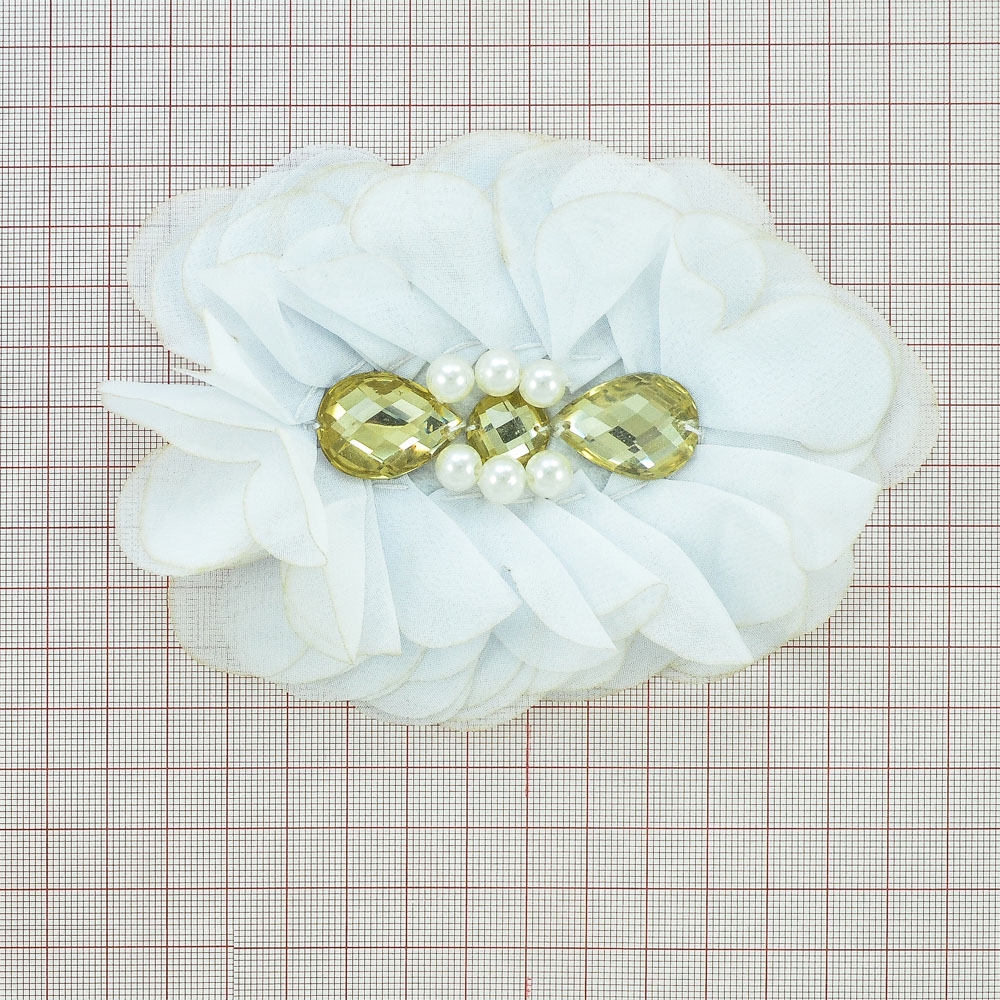 Аппликация декор № 05 Пион белый шифон, стразы капля. Аппликация Декор