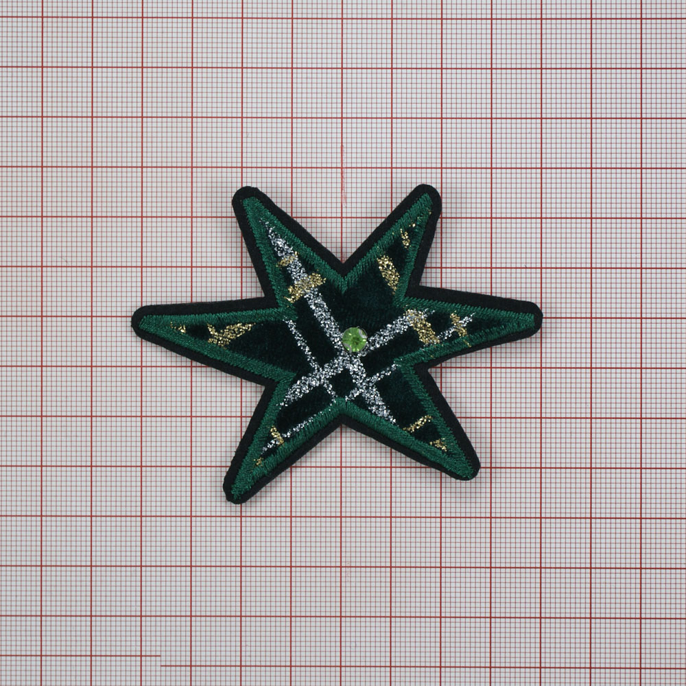 Аппликация клеевая вышитая Звезда 6*8,5см черный, зеленый, золотой, серебрянный, зеленый камень, шт. Аппликации клеевые Вышивка