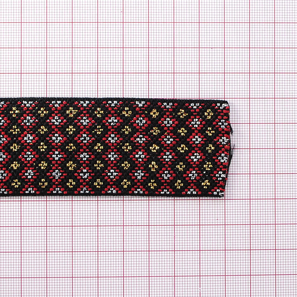 Резинка Ромбики 4см, черный, красный, белый и желтый, 50ярд. Резинка