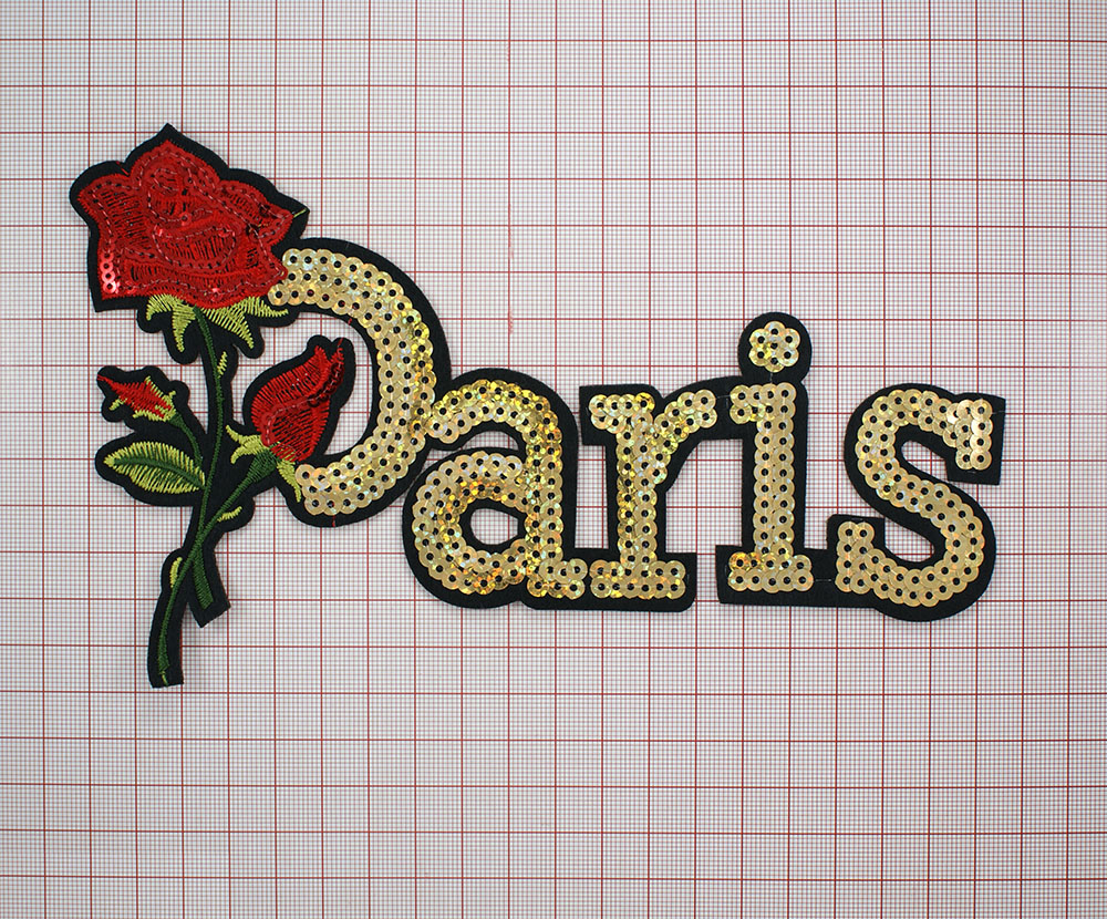 Аппликация клеевая пайетки Роза, Paris 21*12см зеленые,светло-зеленые и красные нити, красные и золотые пайетки. Аппликации клеевые Пайетки
