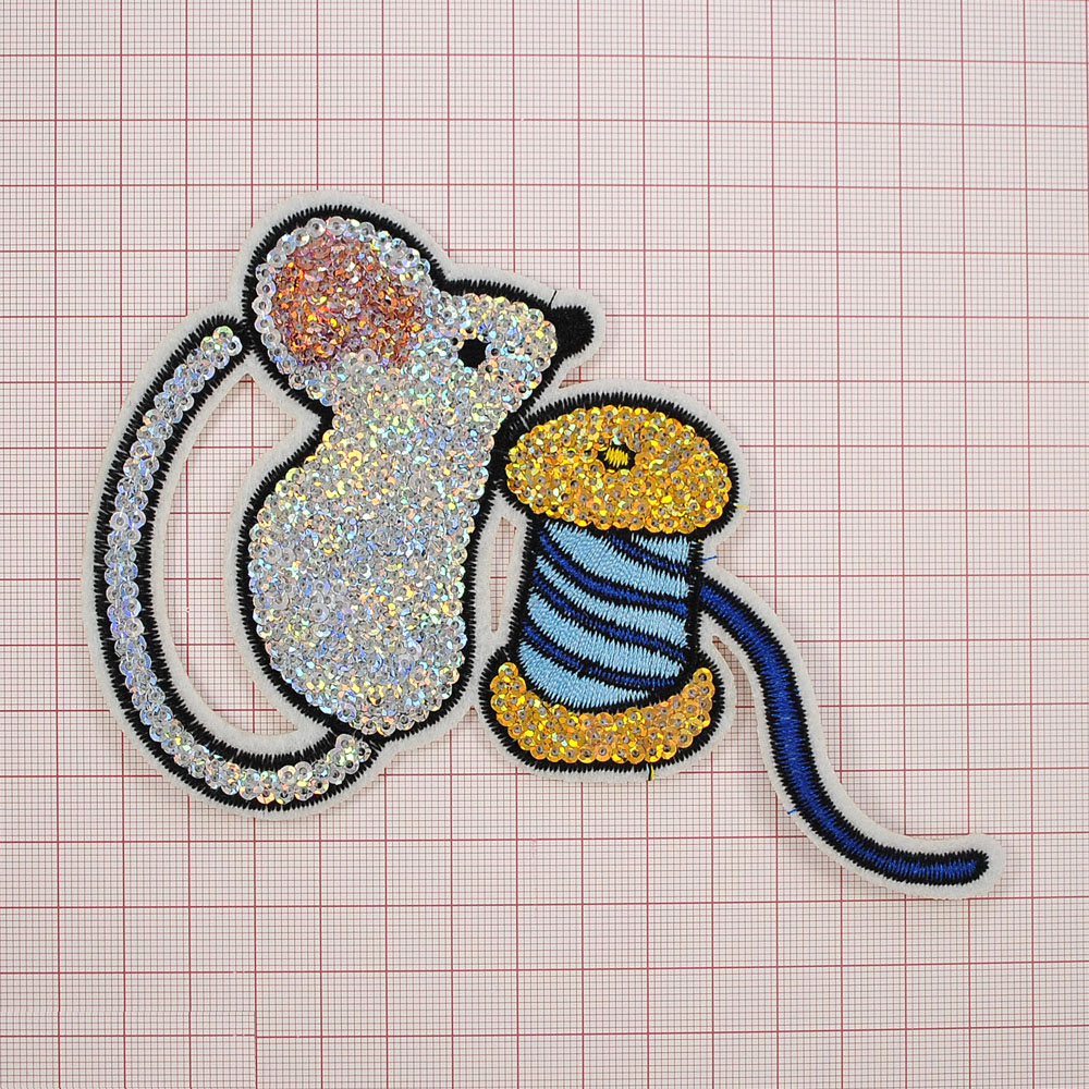 Аппликация клеевая пайетки Мышь с нитью 15*9,5см серебро, синий, голубой, золото, шт. Аппликации клеевые Пайетки