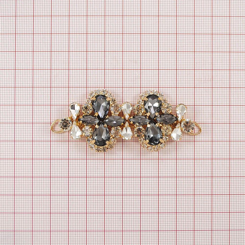Украшение стекло перетяжка SH-812 Зеркальные бантики GOLD, белые камни, bl. diamond /73*36мм (6мм). Перетяжка металл со стразами