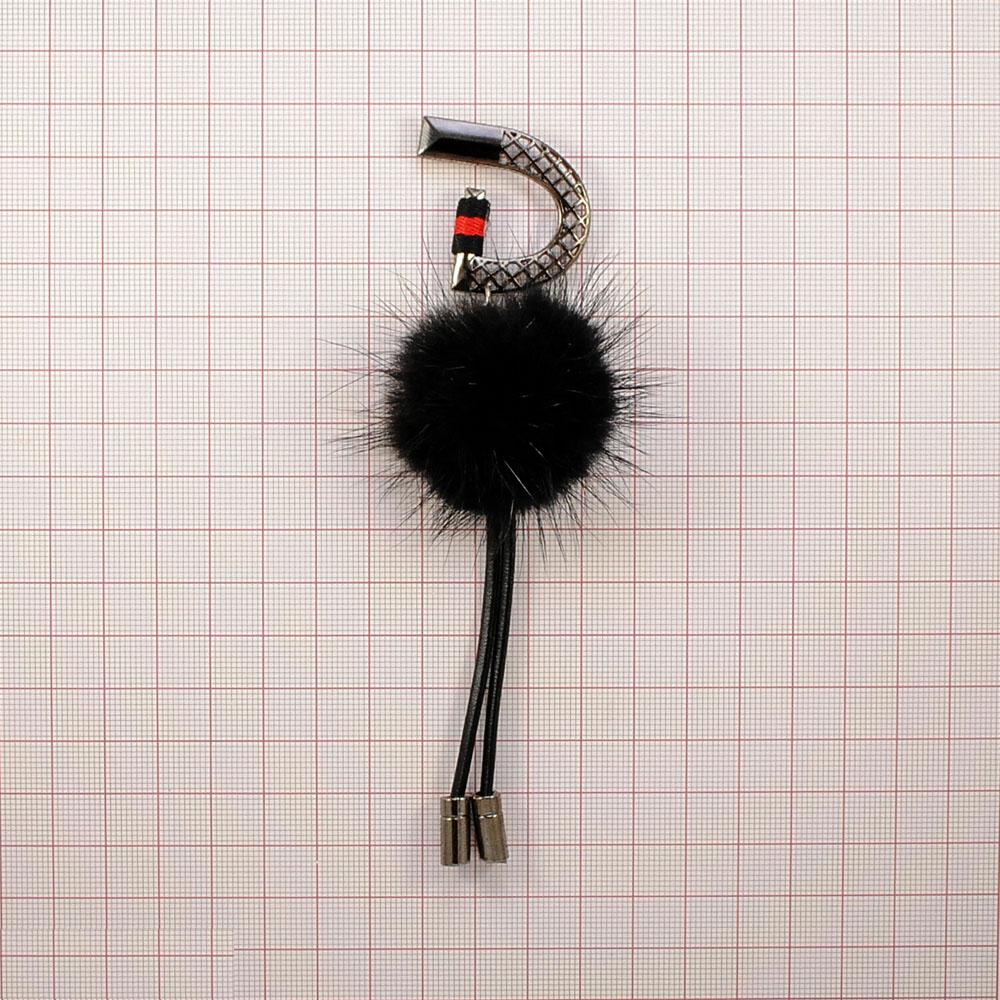 Подвеска металлическая с мехом D 4,5*13,8см, блек никель, черный мех, шт. Подвески