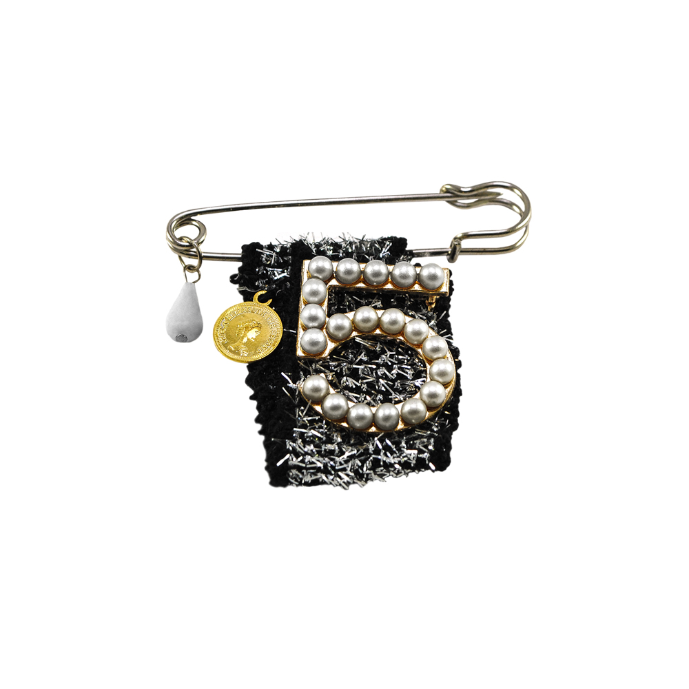 Булавка № 69 5-ка 75*65мм черный, белый жемчуг, капля, люрекс серебро, шт. Булавки