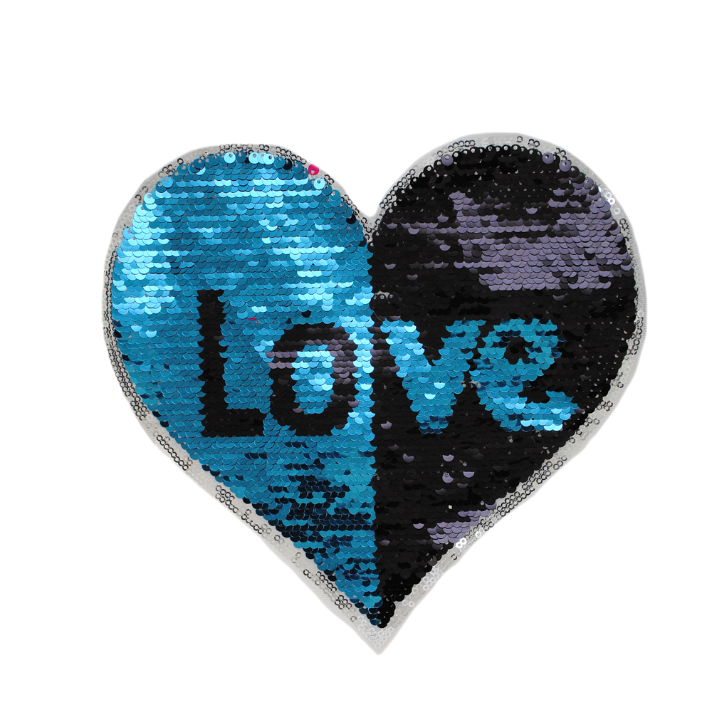 Аппликация пришивная пайетки двусторонние LOVE в сердце 22*20,5см, голубой, черный, шт. Аппликации Пришивные Пайетки