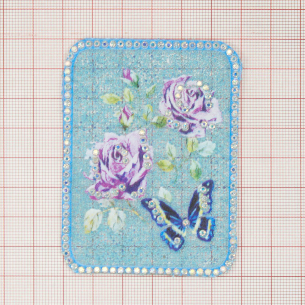 Аппликация клеевая стразы, стеклянная крошка, Розы Сиреневые, синяя Бабочка, 6*8см, голубой бисер, хамелеон камни, голубой кант, шт. Аппликации клеевые Стразы комб.