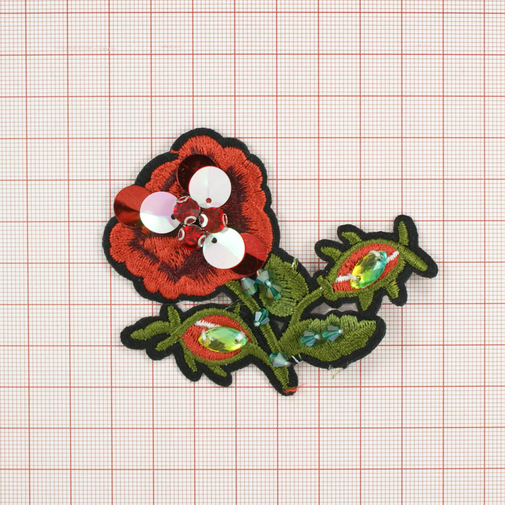 Аппликация пришивная стразы Шиповник 73*65мм пайетки, стразы, красно-зеленая, шт. Аппликации Пришивные Стразы, Бисер, Металл