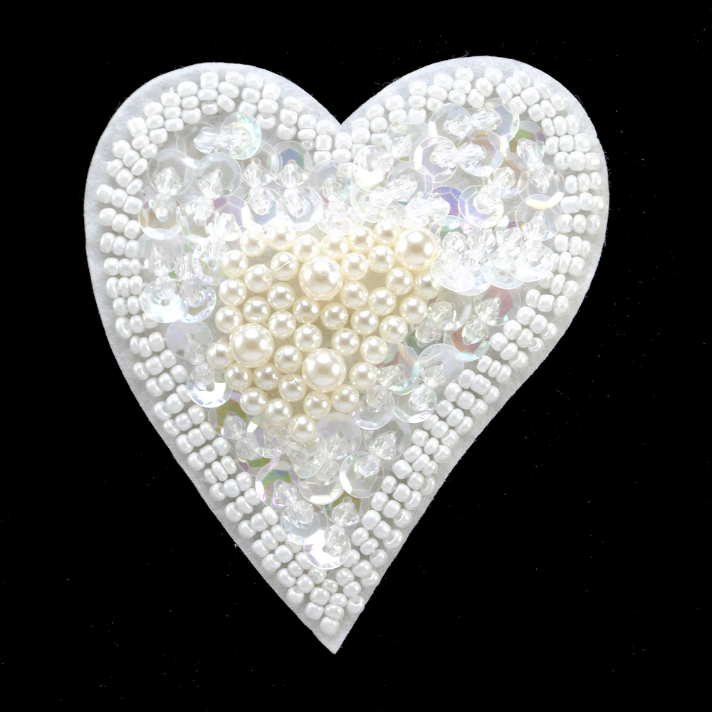 Аппликация, Сердце, 9,5*10,5см, бусины, пайетки, бел., шт.. Аппликации Пришивные Кружевные Вязаные