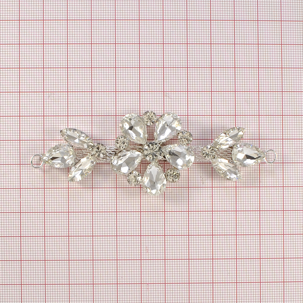 Перетяжка стразы Цветок, 10*3,5см, никель, белые камни, шт. Перетяжка металл со стразами