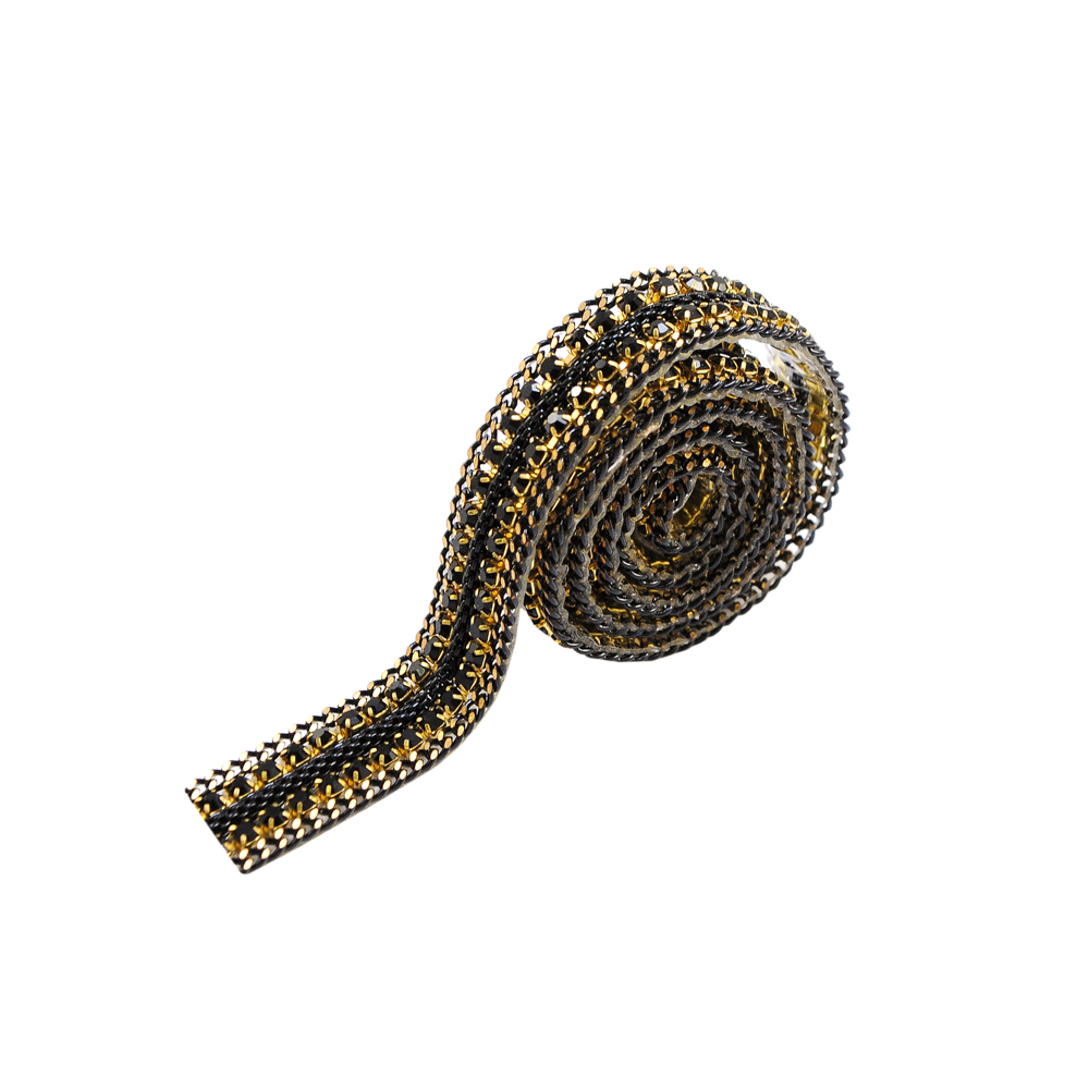 Тесьма стразы клеевые G14-1,1см черная, золото, черные камни, ярд. Тесьма из страз