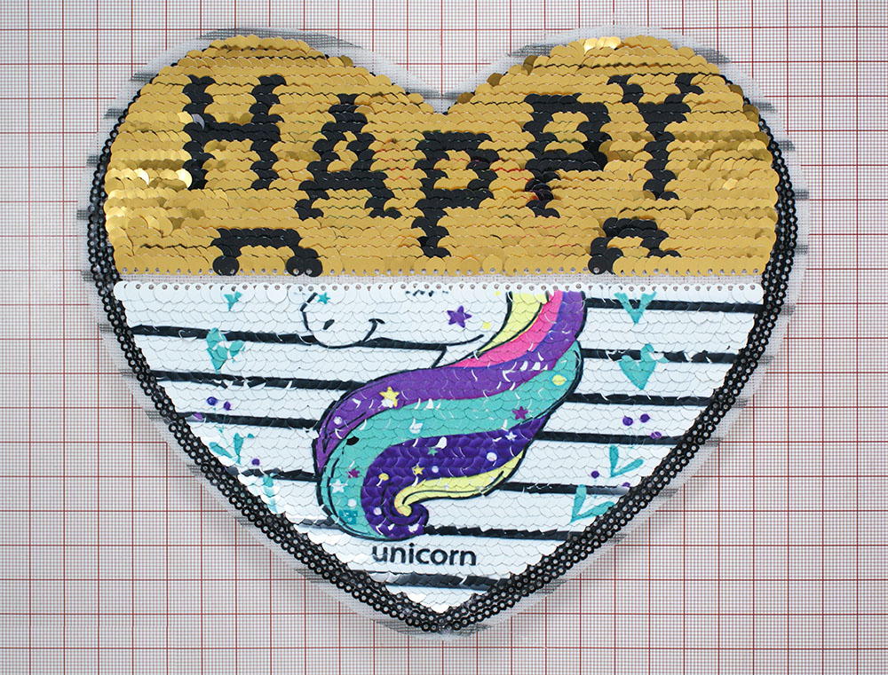Аппликация пришивная пайетки двусторонняя Сердце Единорог Радуга/Happy days 21*18см цветные пайетки, шт. Аппликации Пришивные Пайетки