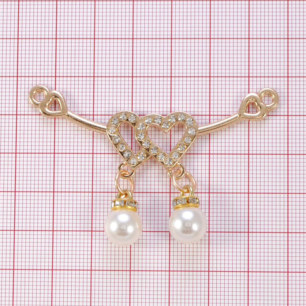 Перетяжка металл Два сердца, 6,5*3,5см GOLD, камень diamond, подвеска жемч., шт. Перетяжка металл со стразами