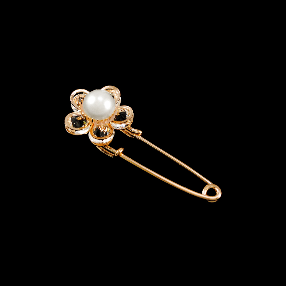 Булавка металлическая с камнями Цветок с жемчуг, 2,2*6,5см, золото, белый, шт. Булавки
