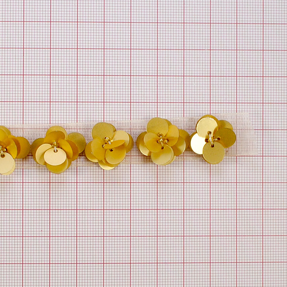 Тесьма Цветы из пайеток, 1,5см, белый, золотой, ярд. Тесьма