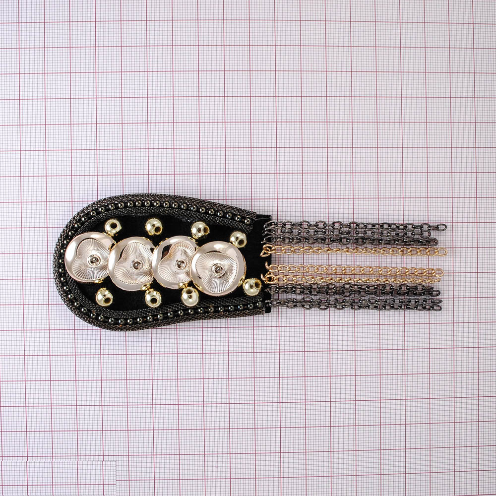 Аппликация декор №156 черный флиз. Эполет, желт. черн. цепи, золотых пуговицы, желт. бусины. Аппликация Декор