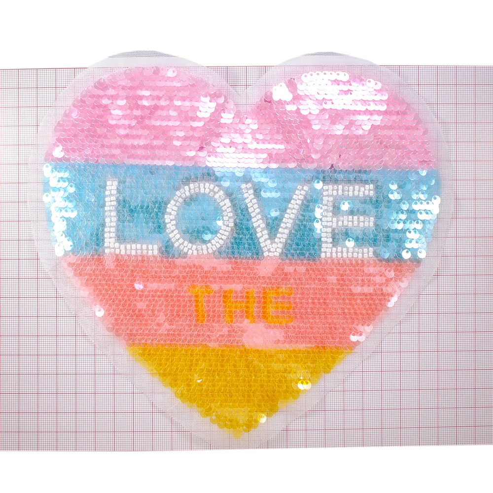 Аппликация пришивная пайетки Сердце LOVE, 18*22см, розовый, белый, голубой, желтый, шт. Аппликации Пришивные Пайетки