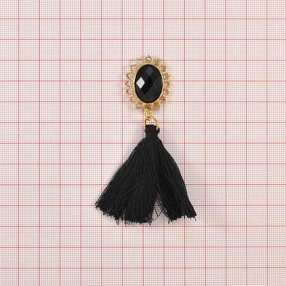 Брошь Подсолнух-кисточка 35*70мм черный, GOLD, черные камни, шт. Броши