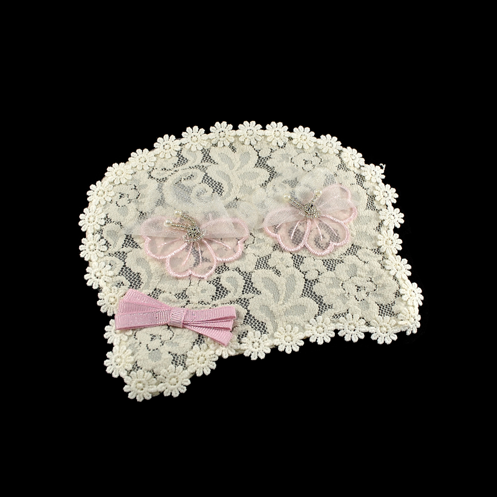 Аппликация кружевная пришивная Совенок 13*14см, кремовая, розовая, цветочки, бантик, жемчуг, кружево. Аппликации Пришивные Кружевные Вязаные