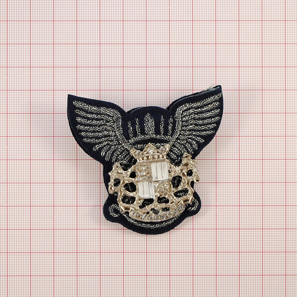 Брошь № 58  ЛЬВЫ герб КРЫЛЬЯ, синяя, люрекс серебро, NIKEL, БЕЛАЯ эмаль, шт. Броши