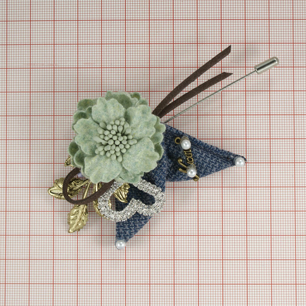 Булавка Цветок Ткань NIKEL, антик, черные, зеленые, белые камни, шт . Булавки