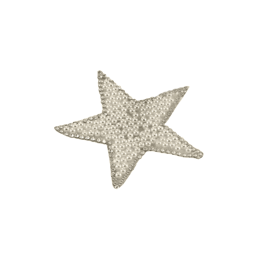 Аппликация клеевая стразы Звезда 7*7см, белый жемчуг и белые камни, шт. Аппликации клеевые Стразы