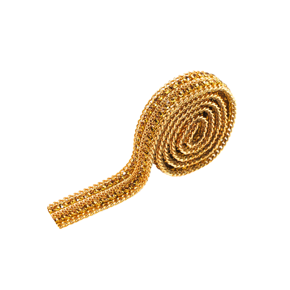 Тесьма стразы клеевые D14-1,1см красное золото, камни топаз, ярд. Тесьма из страз