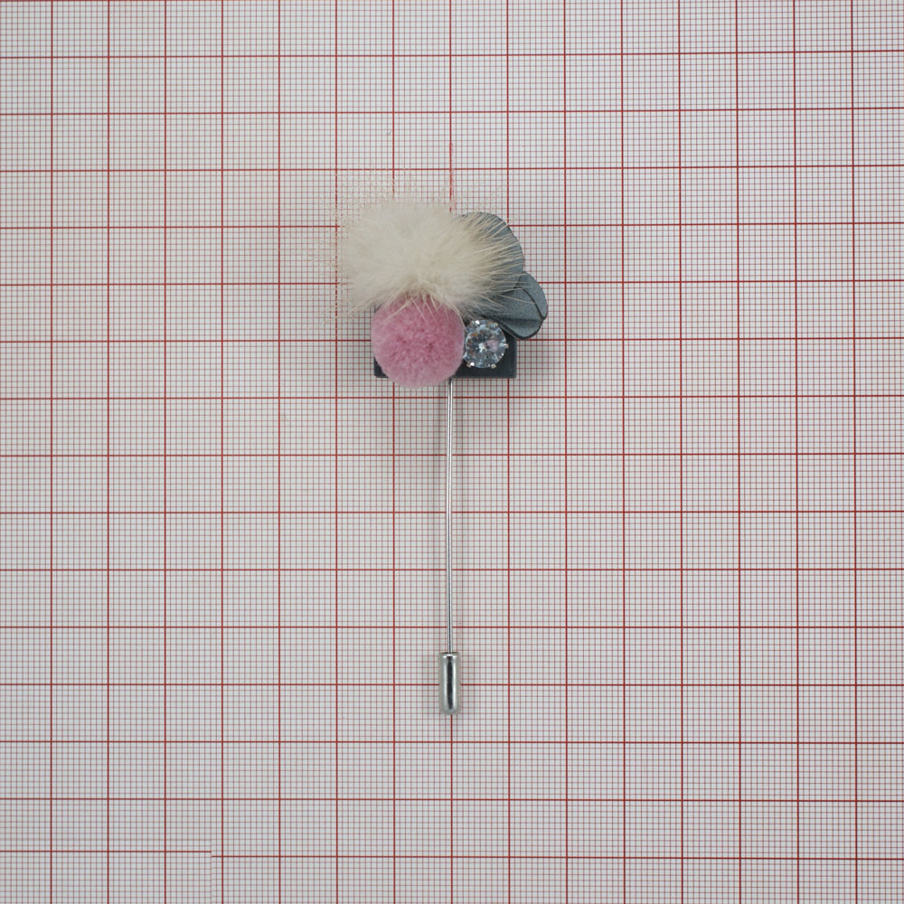 Булавка Букет никель, черный, серый, молочный, розовый, белый камень. Булавки