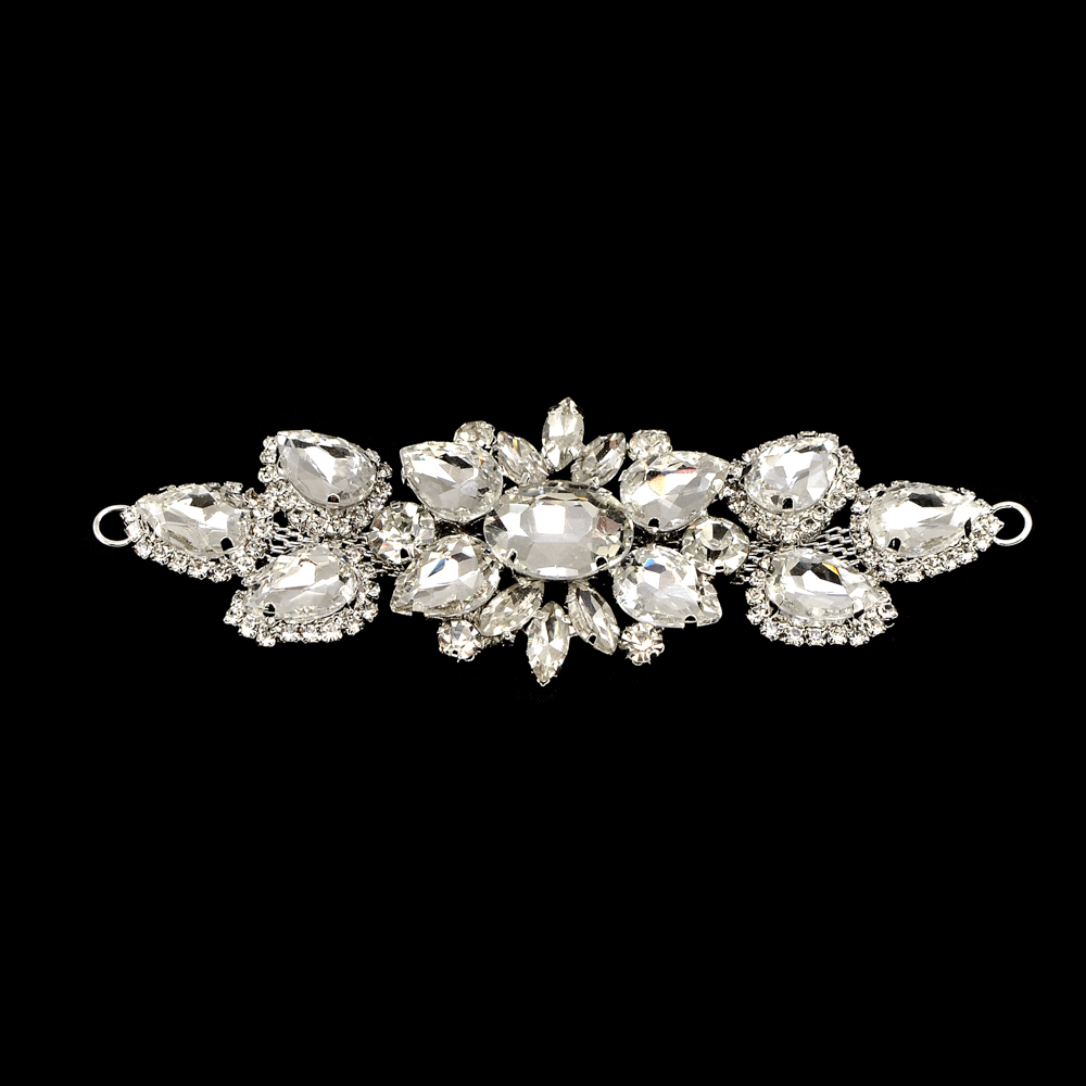 Перетяжка стразы Цветок, 11,5*4см, никель, белые камни, шт. Перетяжка металл со стразами