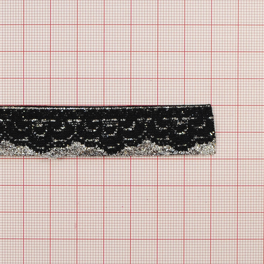 Тесьма с кружевом Волны, 2см, черный, серебряный люрекс, ярд. Тесьма