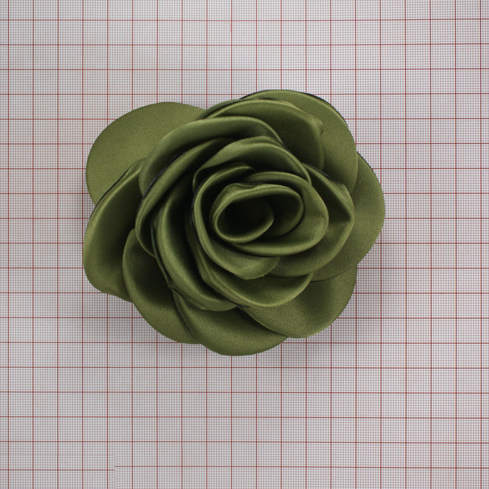 Аппликация декор Роза атласная 11см, оливковый. Аппликации Пришивные Обувные